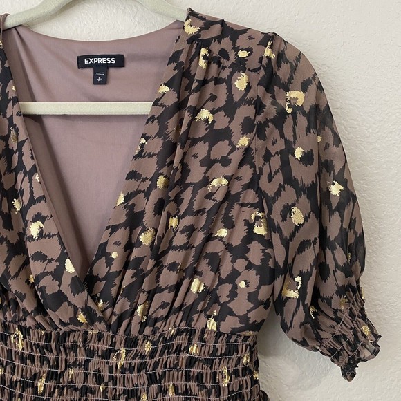 Express Womens Dress Size Small Animal Print Vneck Lined Brown Gold n1 - Picture 3 of 8